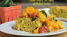 Cheddar Jalapeño Corn Pudding with Blistered Tomatoes