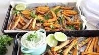 crunchy sweet potato fries w' zesty dipping sauce