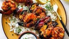 Greek-Marinated Shrimp Skewers with Lemon-Dill Sauce