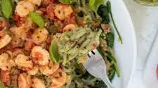 Shirataki Basil Pesto Pasta with Garlic Shrimp