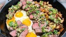 Steak and Eggs with Charred Scallion Chimichurri
