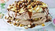 Very chocolatey salted caramel and hazelnut pavlova